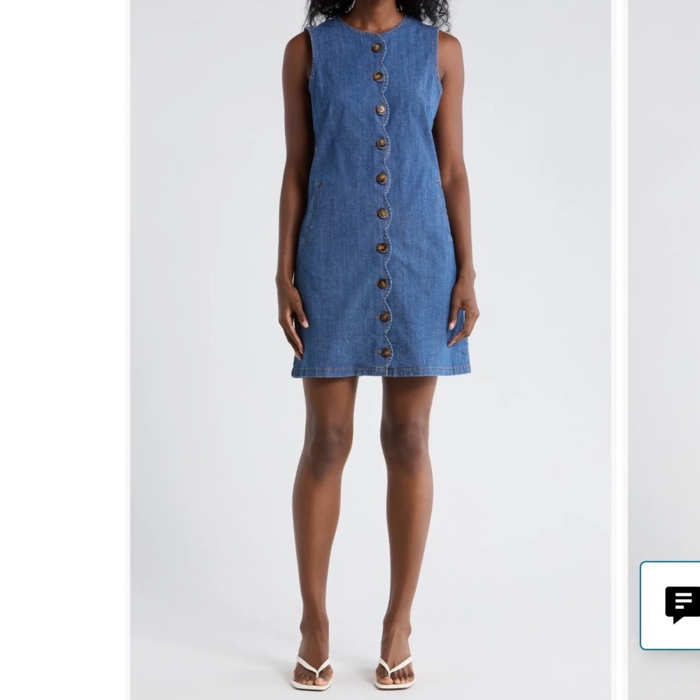 Ellen Tracy Womens S Scalloped Button Front Sleeveless Denim Mini Dress Pockets